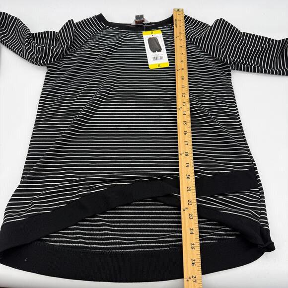 New DANSKIN Pullover Shirt Womens Size S Relaxed Stretch Faux Wrap Black White - Picture 6 of 6